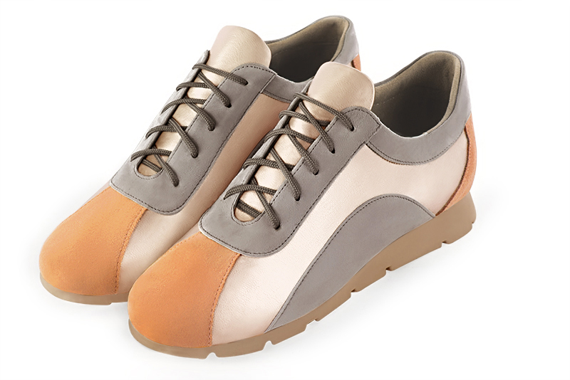 Marigold orange, gold and pebble grey women's three-tone elegant sneakers. Round toe. Flat rubber soles. Front view - Florence KOOIJMAN